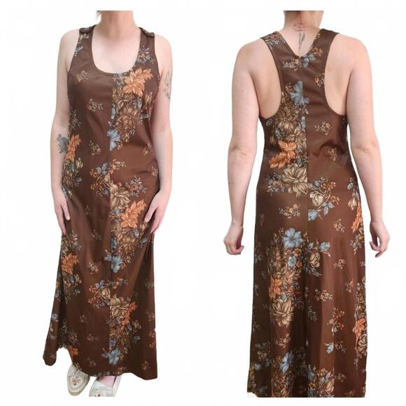 VTG 70s Handmade Brown Floral Boho Racerback Maxi - Picture 1 of 9
